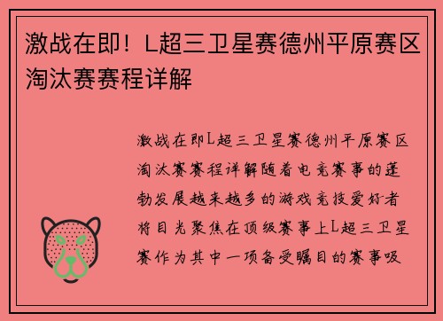 激战在即！L超三卫星赛德州平原赛区淘汰赛赛程详解