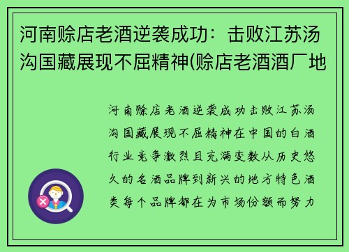 河南赊店老酒逆袭成功：击败江苏汤沟国藏展现不屈精神(赊店老酒酒厂地址)