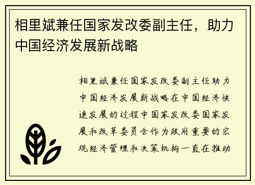 相里斌兼任国家发改委副主任，助力中国经济发展新战略