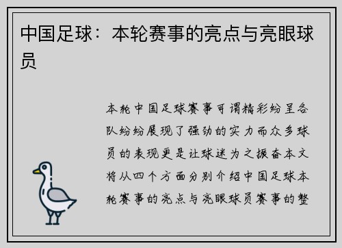 中国足球：本轮赛事的亮点与亮眼球员