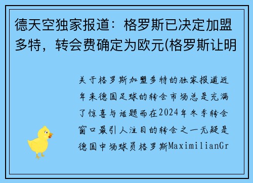 德天空独家报道：格罗斯已决定加盟多特，转会费确定为欧元(格罗斯让明年)