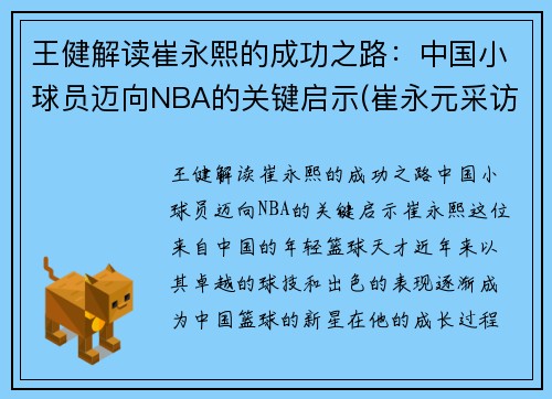 王健解读崔永熙的成功之路：中国小球员迈向NBA的关键启示(崔永元采访王健林)
